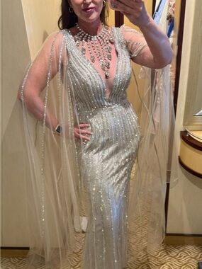 Silver Sequin Maxi Gown with Sheer Cape - Women's Evening Dress